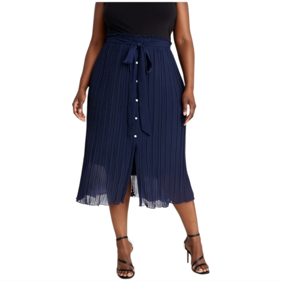 Cato Women's Plus Paper Bag Tie Front Pleated Navy Blue Midi Skirt 18W 20W - Picture 1 of 4